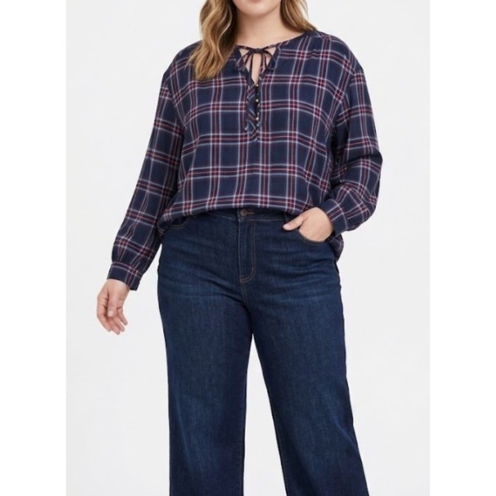 New Suzanne Betro Blouse XL Navy Red Plaid Tie Neck Button Front Cotton Popover